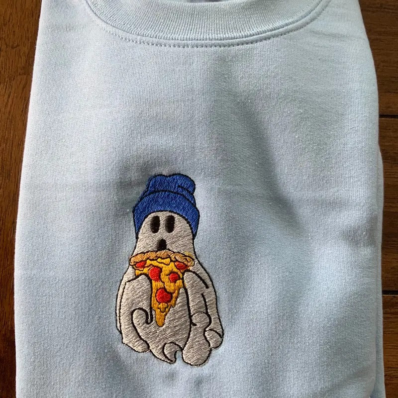 Ghost Eating Pizza Embroidered Crewneck Sweatshirt Shirt Hoodie | PrintMintTees.com