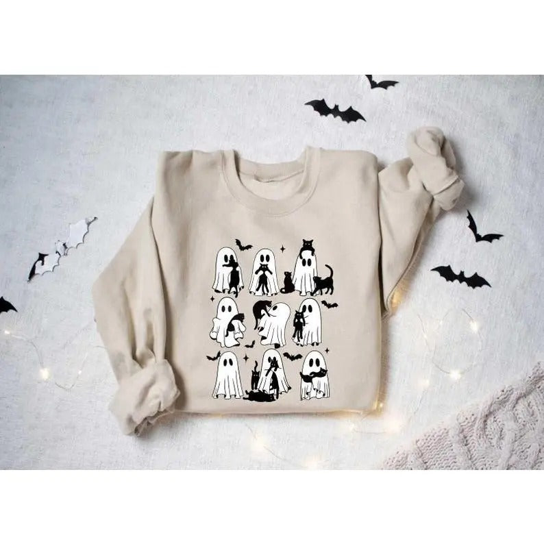 Ghost Holding Black Cat Sweatshirt, Ghost Cat Halloween shirt, Halloween Gift for Cat Owners, Halloween Cat Tee, Black...