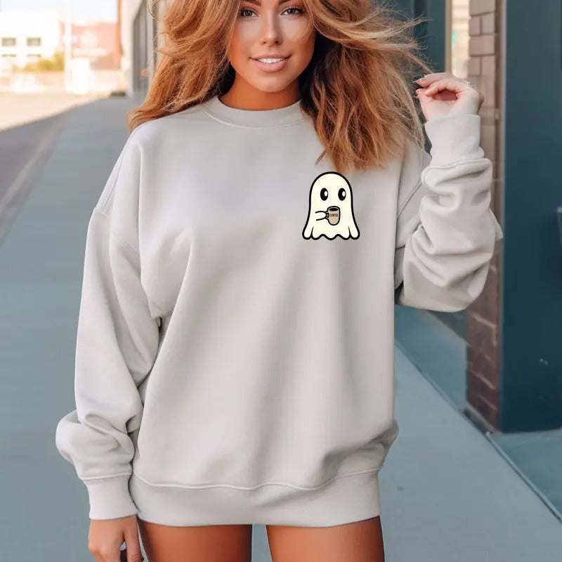 Ghost Holding a Cup of Joe Halloween Crewneck Sweatshirt T-Shirts, Hoodie | PrintMintTees.com