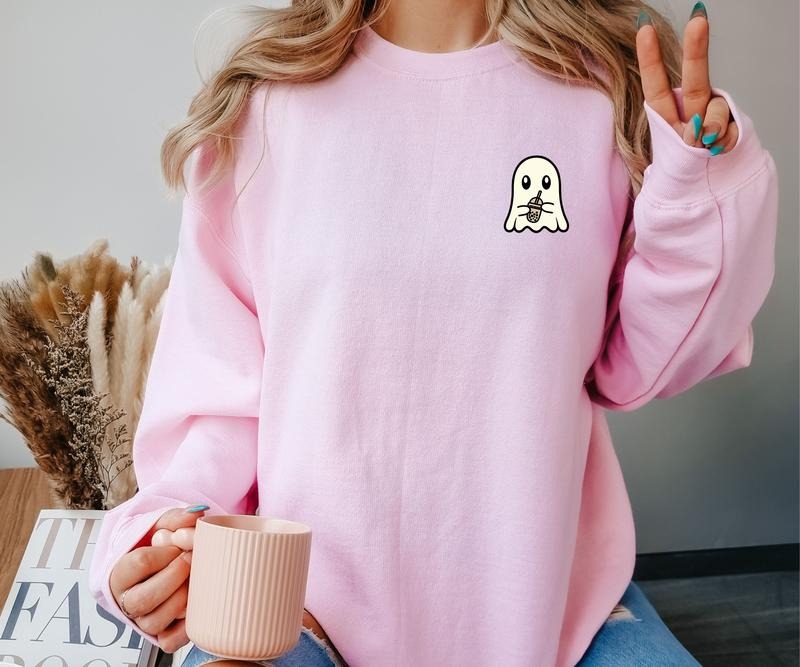 Ghost Holding an Iced Drink Halloween Crewneck Sweatshirt T-Shirts, Hoodie | PrintMintTees.com