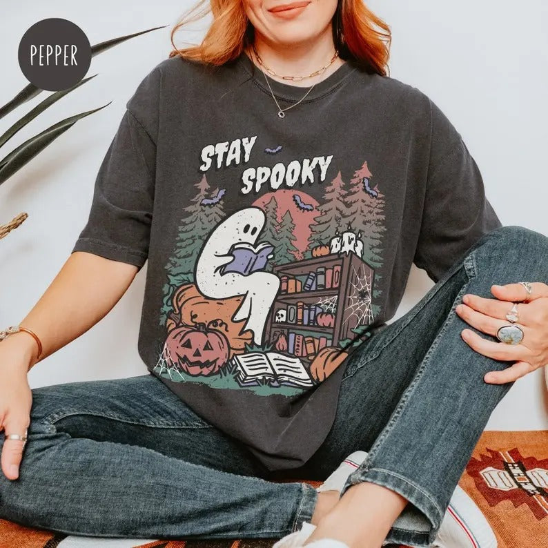 Ghost Reading Book Shirt for Book Lover Ghost Gift Cute Halloween Shirt for Spooky Teacher Bookish Librarian Fall Tee...