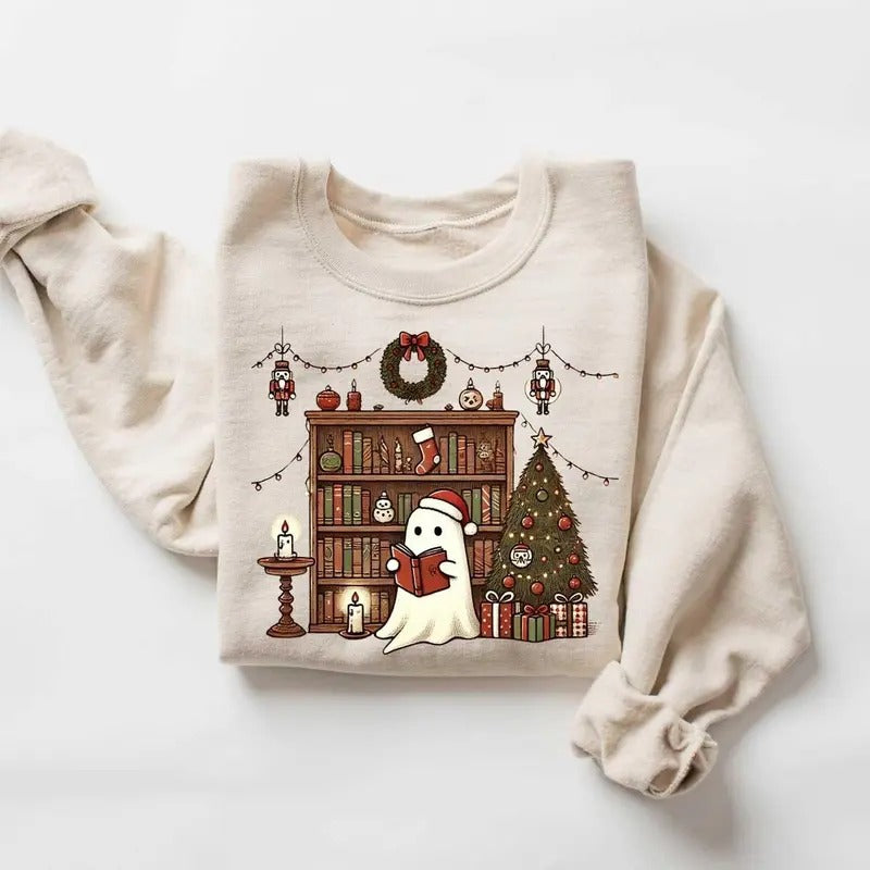 Ghost Reading Books Christmas Sweatshirt, Bookish Christmas Crewneck, Cute Ghost Xmas Shirt, Christmas Teacher Gift,...
