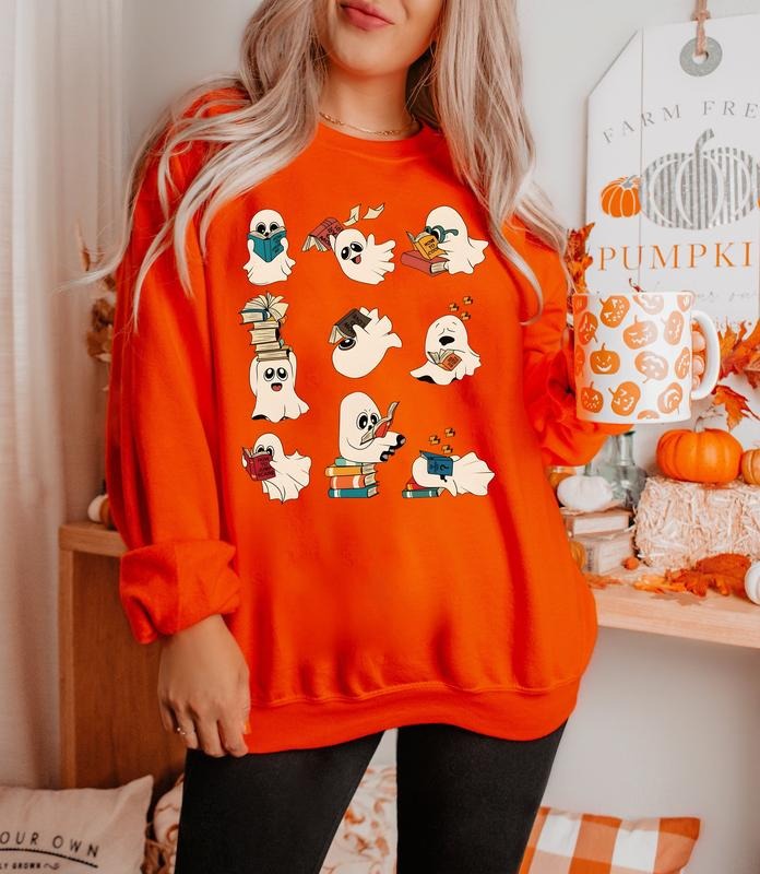 Ghost Reading Books Sweater, Bookish Halloween Sweatshirt, Halloween Teacher Gift, Librarian Halloween Shirt, Ghost...