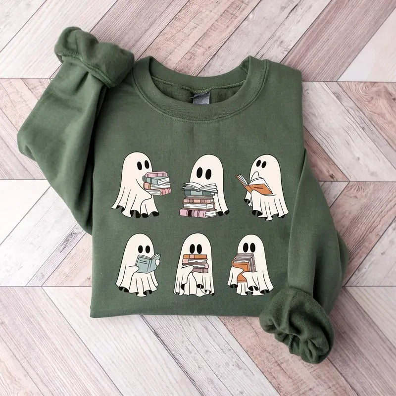 Ghost Reading Books Sweatshirt, Bookish Halloween Sweatshirt, Halloween Teacher Shirt, Librarian Halloween Hoodie, Ghost...