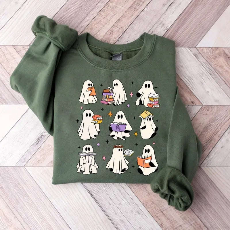 Ghost Reading Books Sweatshirt, Teacher Halloween Sweatshirt, Read More Books Sweatshirt Cotton Sweaters Shirt Hoodie