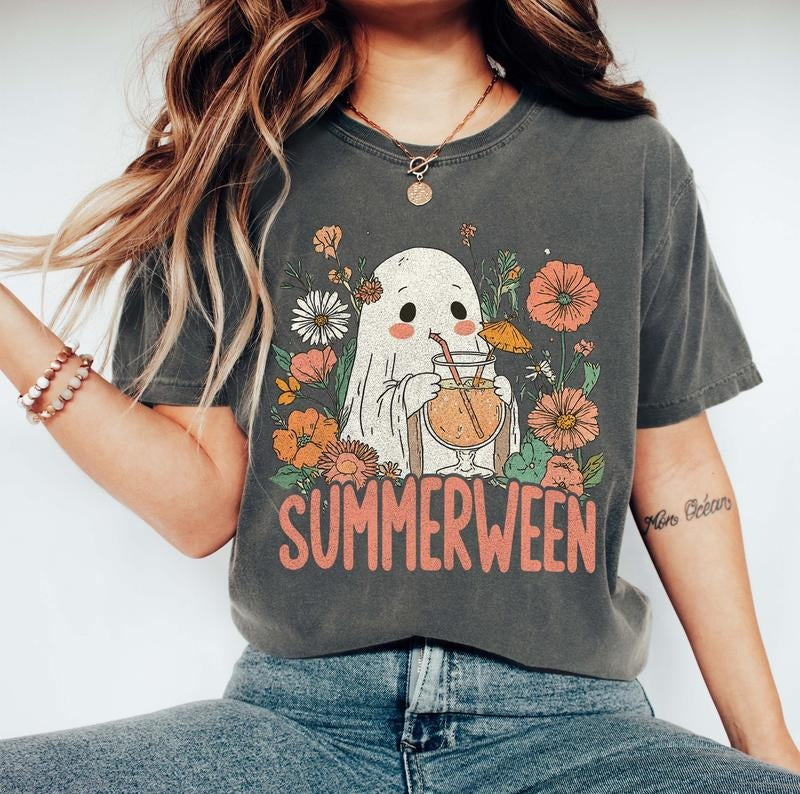 Ghost Summer Halloween Comfort Colors Shirt, Summerween Shirt, Funny Summer Halloween Shirt, Halloween cocktail summer...