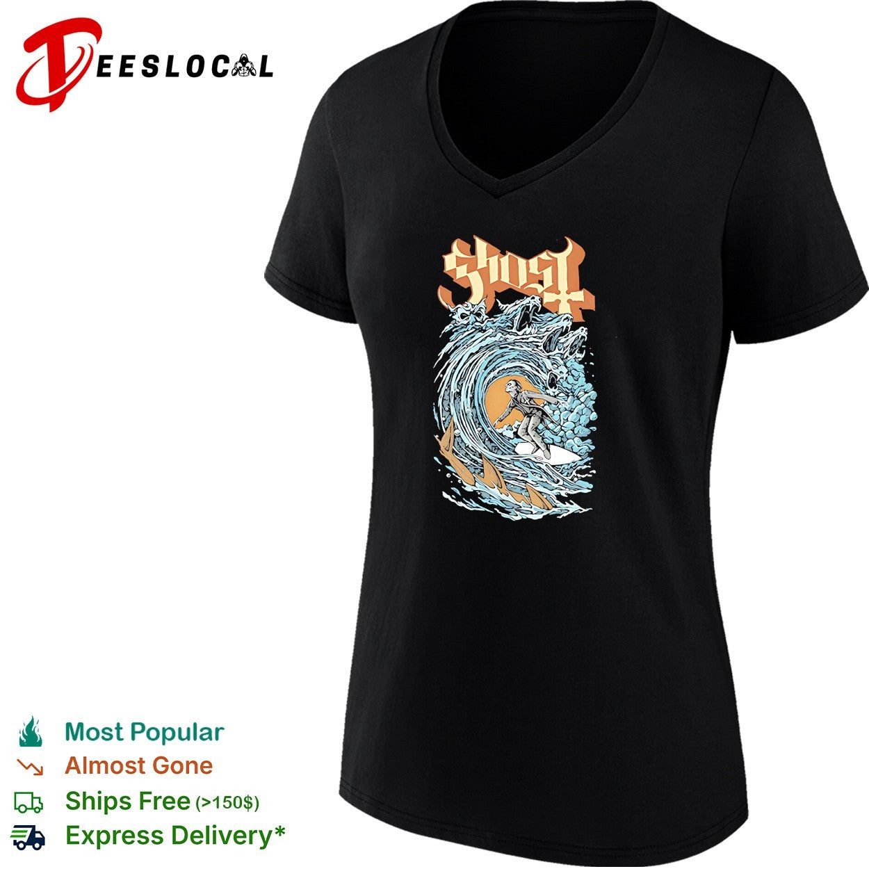 Ghost band surfing skeleton wave shirt