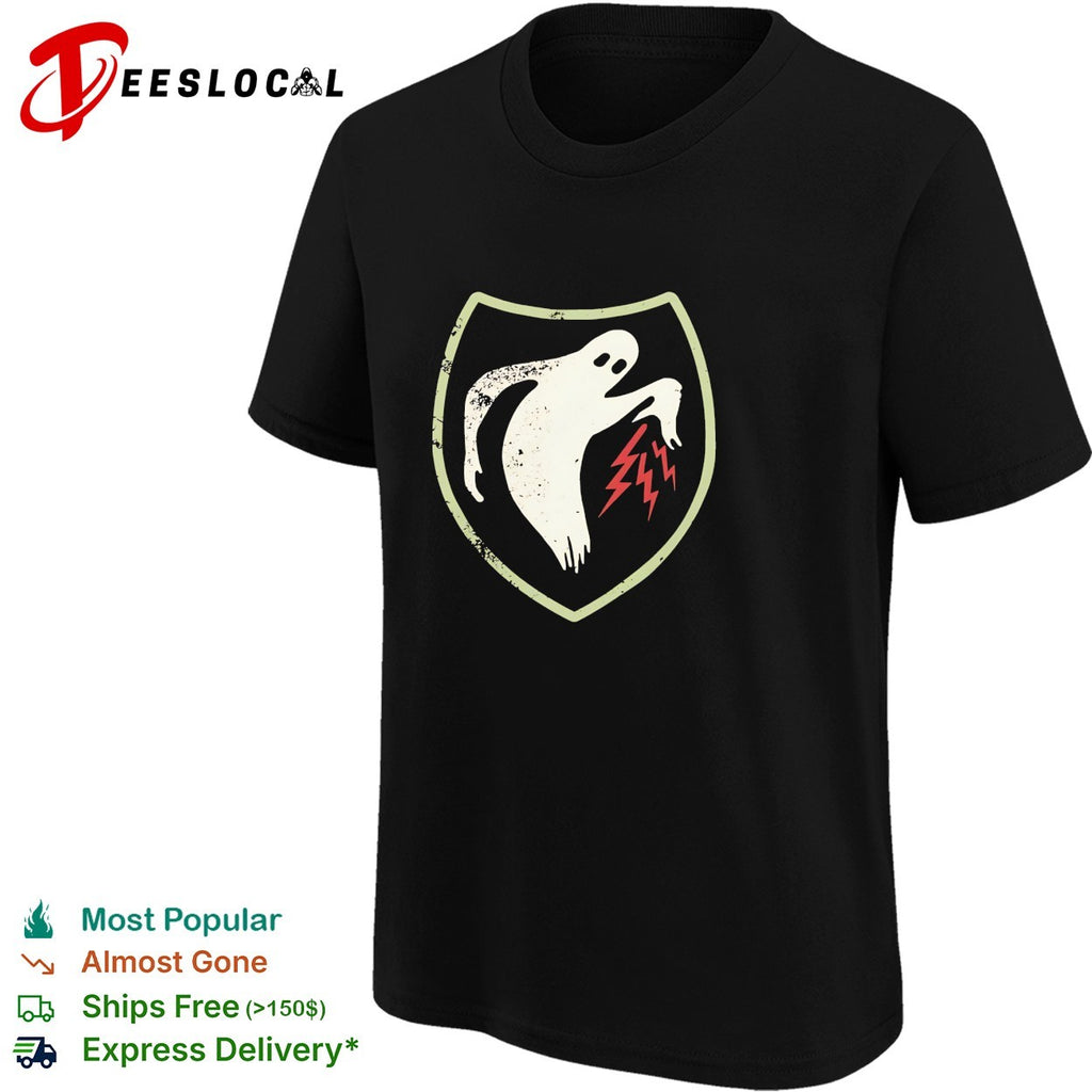 Ghost reaching lightning bolts shield shirt