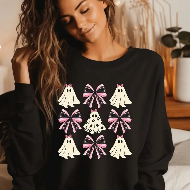 Ghost with Bows Halloween Crewneck Sweatshirt Shirt Hoodie | PrintMintTees.com