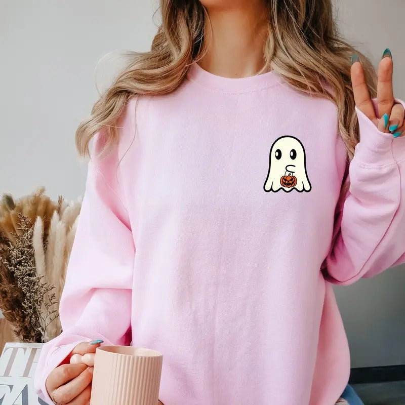 Ghost with Pumpkin Halloween Crewneck Sweatshirt Shirt Hoodie | PrintMintTees.com