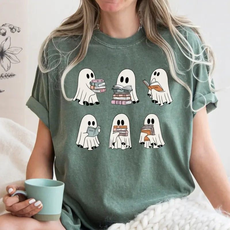Ghosts Reading Books Shirt, Cute Halloween Ghost Tshirt, Womens Halloween Comfort Colors Shirt, Bookish Book Lovers Tee,...