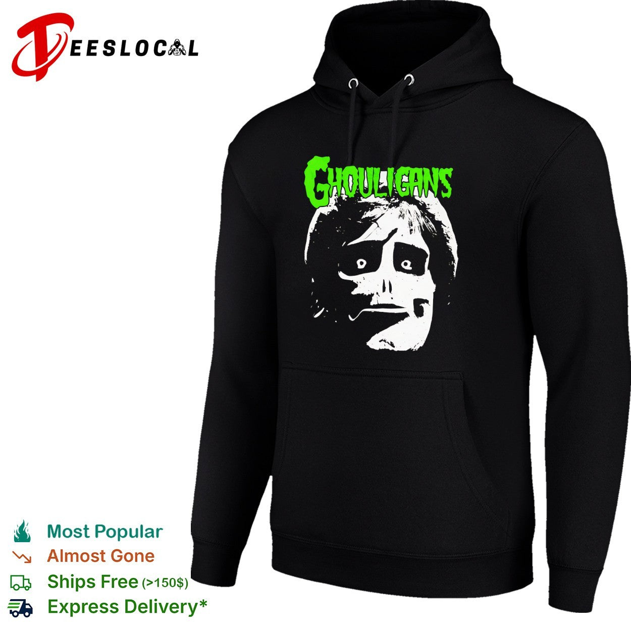 Ghouligans classic horror punk skull face green typography shirt