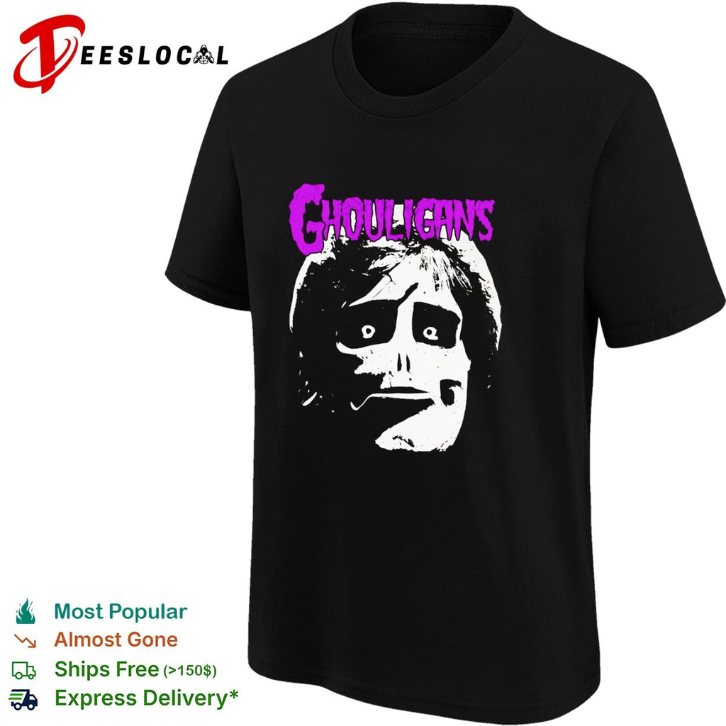 Ghouligans classic horror punk skull face purple typography shirt