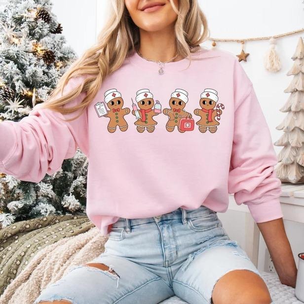 Gingerbread Nurse Christmas Sweatshirt, Retro Holiday T-Shirt, Cute RN Christmas Shirt, Funny Nursing Holiday Crewneck,...