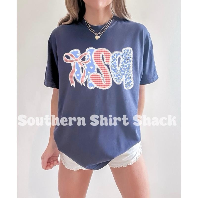 Gingham & Stars Shabby Chic USA t shirt  | Denim comfort colors t shirt | 4th of July T shirt Hoodie Sweatshirt