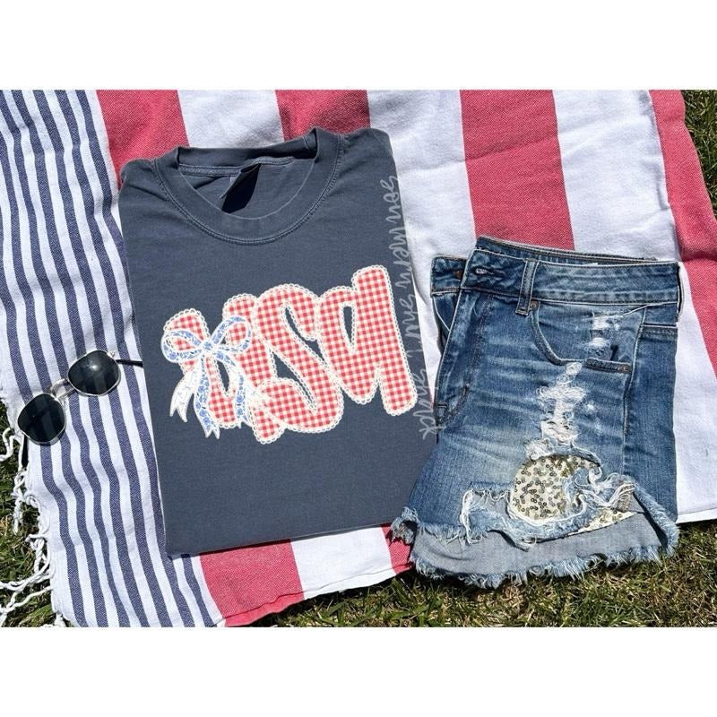 Gingham USA bow t shirt  | Denim comfort colors t shirt | 4th of July T shirt Hoodie Sweatshirt | PrintMintTees.com