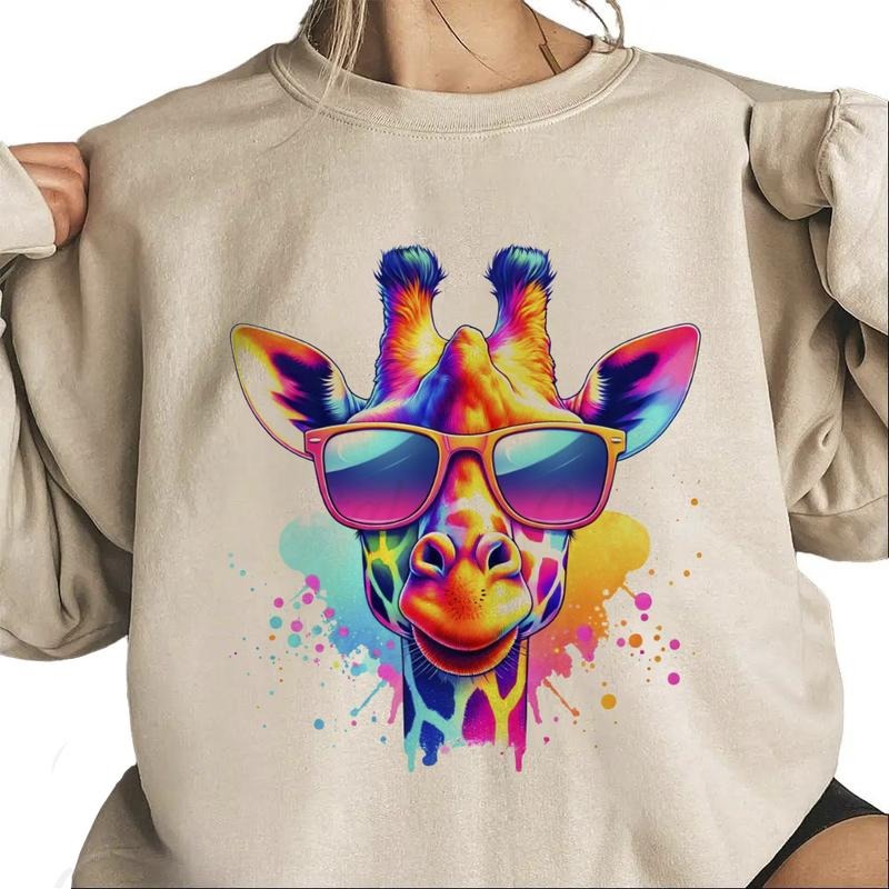 Giraffe With Sunglasses Sweatshirt Unisex Neon Wild Animal Trendy T-Shirt Hooodie Cotton Womenswear Hoodie