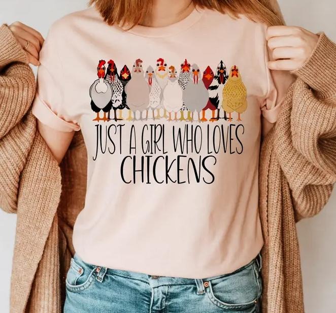 Girl Loves Chickens T-Shirt Boho Girl Tshirt Chicken Farm Tees Casual Clothes Comfort Top Womenswear Graphic Lightweight...