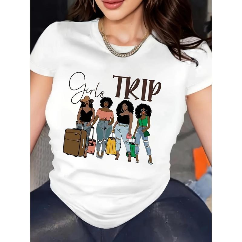 Girl's Trip Print Crew Neck T-shirt, Casual Short Sleeve Top For Spring & Summer, Women's Clothing style 02 Hoodie Sweatshirt