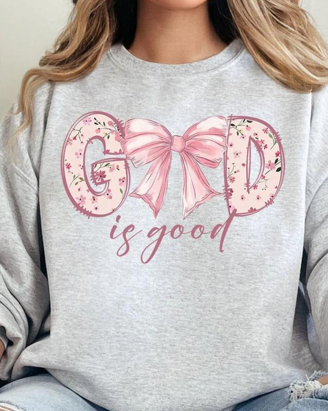 Girlie God Is Good Unisex NuBlend Crew Sweatshirt RELIGIOUS INSPIRATIONAL COQUETTE BOW Shirt Hoodie | PrintMintTees.com
