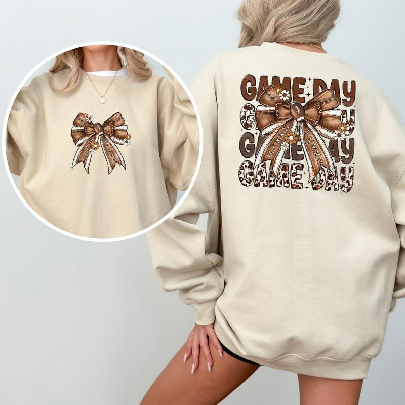 Girly Coquette Bow Game Day Football 2-Sided Sweatshirt, Vintage Football Crewneck for Girls, Fall Sports Sweater for...