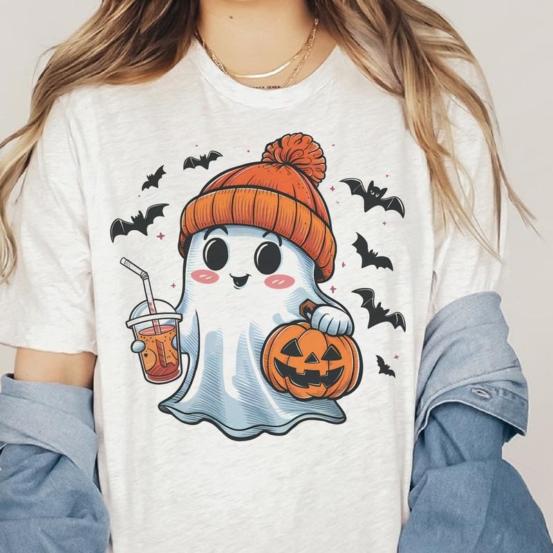 Girly Ghost Tshirt Disco Pumpkin T-Shirt Halloween Fall Floral Ghost Tee Halloween Ghost Tshirt Fall Flowers and Pumpkin...