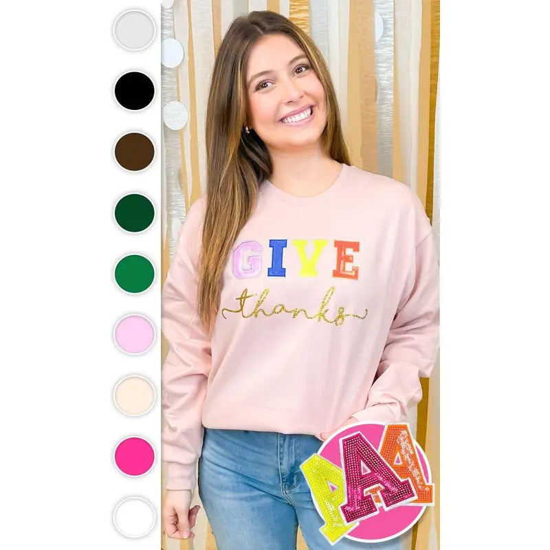 Give Thanks Sequin Graphic Sweatshirt Shirt Hoodie | PrintMintTees.com