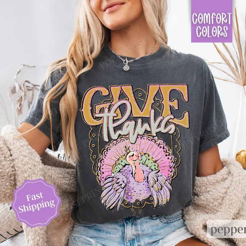 Give Thanks Shirt Comfort Colors, Thanksgiving Tshirt,  Women's Fall Thankful Tee Hoodie Sweatshirt | PrintMintTees.com