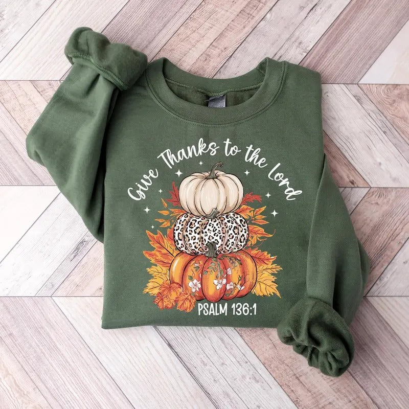 Give Thanks to the Lord Sweatshirt, Fall Christian Hoodie, Boho Floral Leopard Pumpkin Tee Pullover Sweater, Jesus...