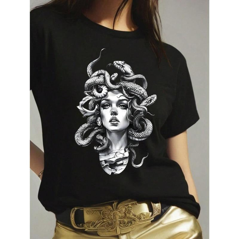 Glissea Women's Summer Character Printed Round Neck Short Sleeve Casual T-Shirt Graphic Tees Women Tops Hoodie Sweatshirt