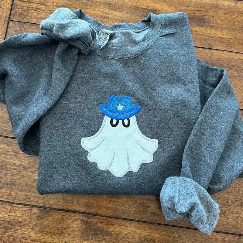 Glitter Applique Cowboy Ghost Halloween Embroidered Crewneck Sweatshirt Comfort T-Shirts, Hoodie | PrintMintTees.com