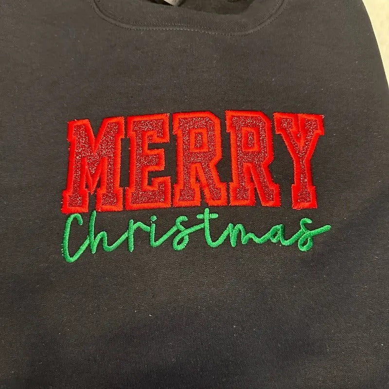 Glitter Applique Merry Embroidered Comfortable Classic Festive T-Shirts, Hoodie, Sweatshirt