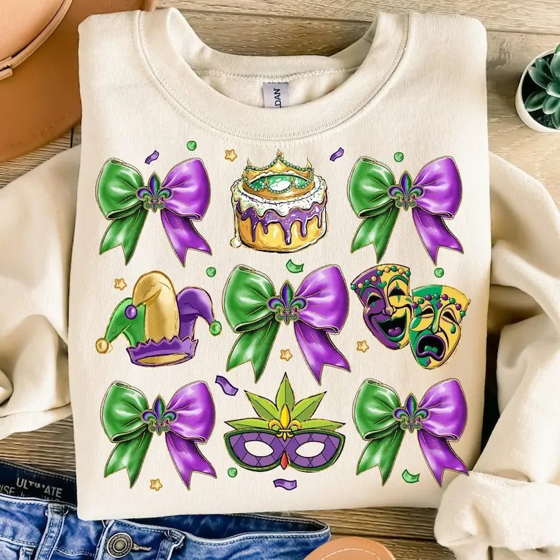 Glitter Mardi Gras Coquette Bow sweatshirt-hoodie-tshirt, Mardi Gras tshirt, Mardi Beads Louisiana Festival Shirt, New...