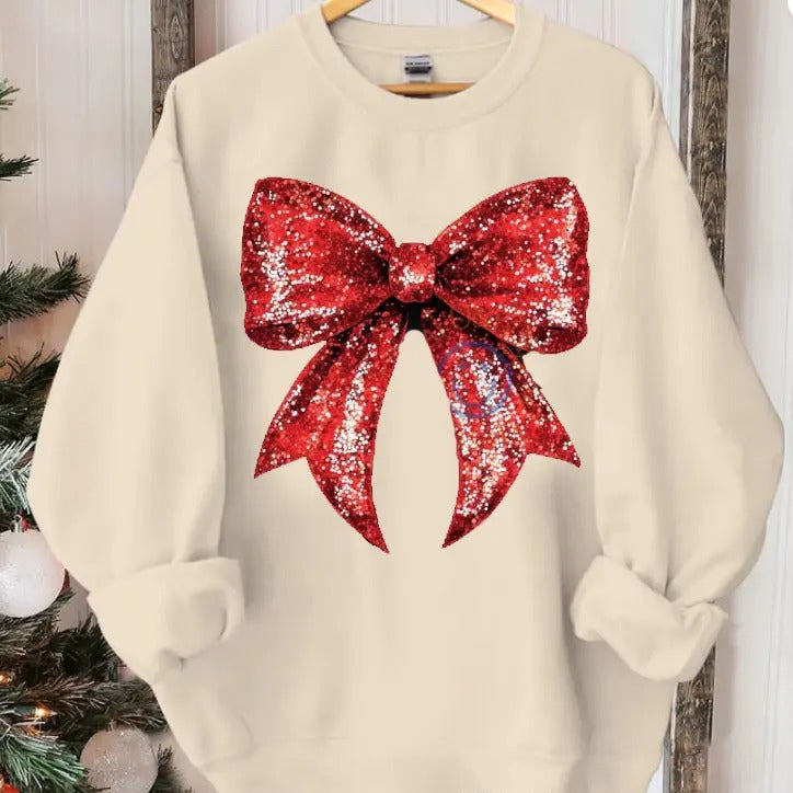 Glitter Red Santa Bow Shirt, Sparkle Christmas Bow Sweatshirt, Holiday Spirit Shirt, Cute Christmas Bow Sweater , Girly...