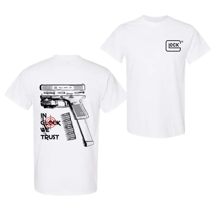 Glock Tshirt IN GLOCK WE TRUST Tshirt  Double Side T-Shirt Hot Trend for men for women Fabric Menswear Hoodie Sweatshirt