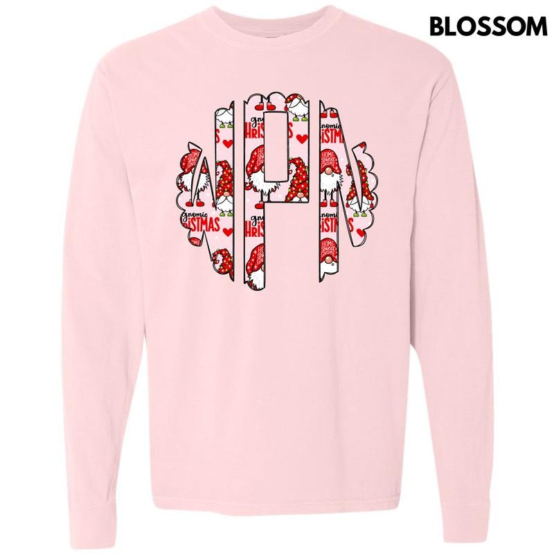 Gnome Christmas Monogram Long Sleeve Comfort Colors T-Shirt 'NLB' Hoodie Sweatshirt | PrintMintTees.com