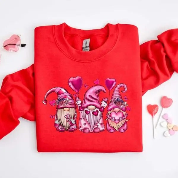 Gnomes Valentines Day Sweatshirt, Gnome Hearts Sweatshirt, Valentines Day Shirts for Women, Valentines Day Gift Cotton...