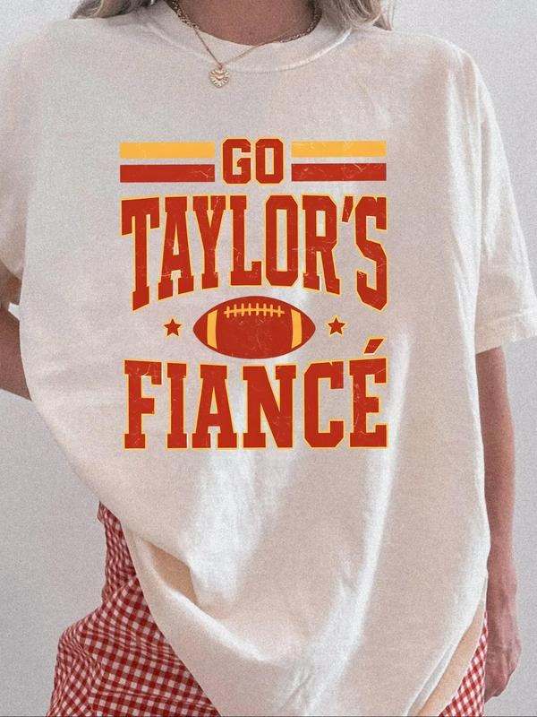 "Go Taylor's Fiancé" Vintage Football Tee - Women's White Oversized Couple T-Shirt Hoodie Sweatshirt | PrintMintTees.com