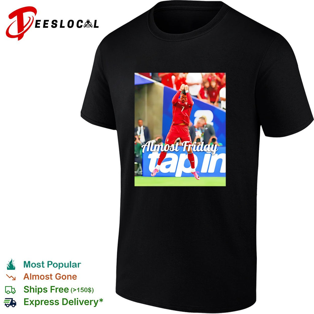 Goalkeeper celebrating tap in Almost Friday shirt