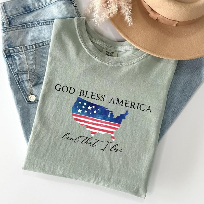 God Bless America, Land That I Love, USA Flag Tshirt, Women's Crew Neck, Crewneck Hoodie, Sweatshirt | PrintMintTees.com