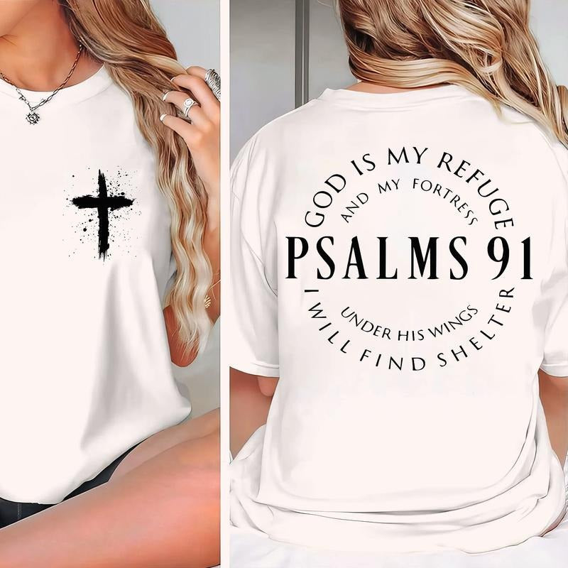 God Is My Refuge And My Fortress Tshirt, Psalms 91 Christian 2 Siđed Tee Pure Cotton Casual Street Style Crew Neck Short...