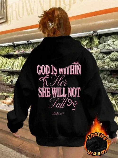 "God Is Within Her - Psalm 46:5" Religious Hoodie - Women's Black Fleece-Lined Oversized Sweatshirt Shirt | PrintMintTees.com