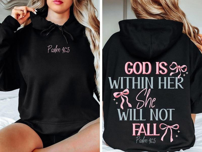 God Is Within Her She Will Not Fall Hoodie, Coquette Christian Shirt, Jesus Sweatshirt, Christian Bible Verse Gift,...