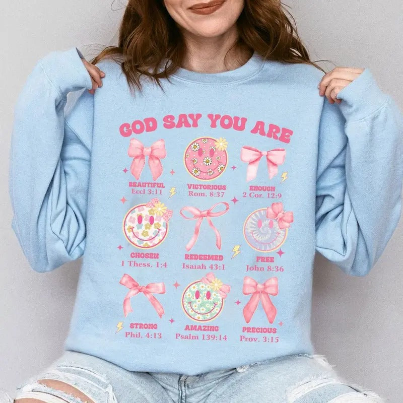 God Says I Am Sweatshirt, Coquette Bow Sweatshirt, Christian Sweatshirt, Coquette Smiley Face, Jesus, Coquette Bible...