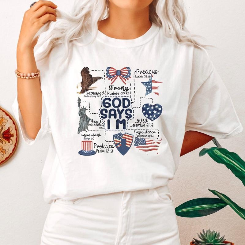 God Says I Am, Patriotic, Protected, Strong, Powerful, Brave, Comfort Colors Tshirt, Women's Crew Neck, Crewneck Hoodie...
