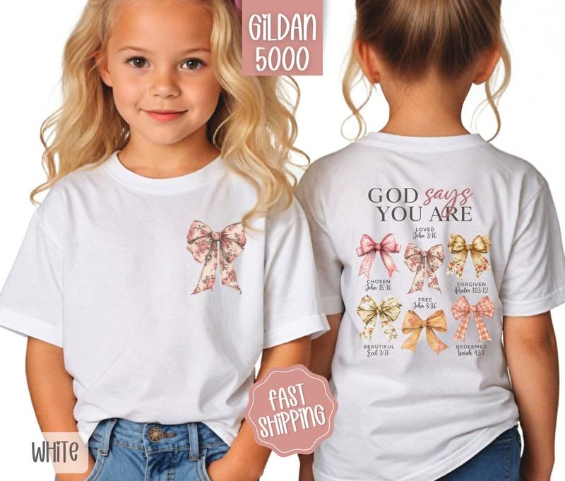 God Says You Are Kids Shirt, Coquette Bow Children's Shirt, Religious Youth Tee Gildan Hoodie Sweatshirt | PrintMintTees.com