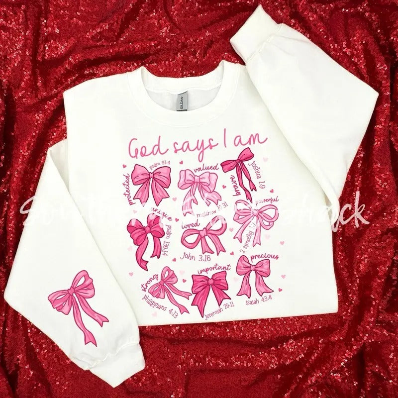God Says coquette bow Valentine Sweatshirt | Valentines Day Sweatshirt Shirt Hoodie | PrintMintTees.com