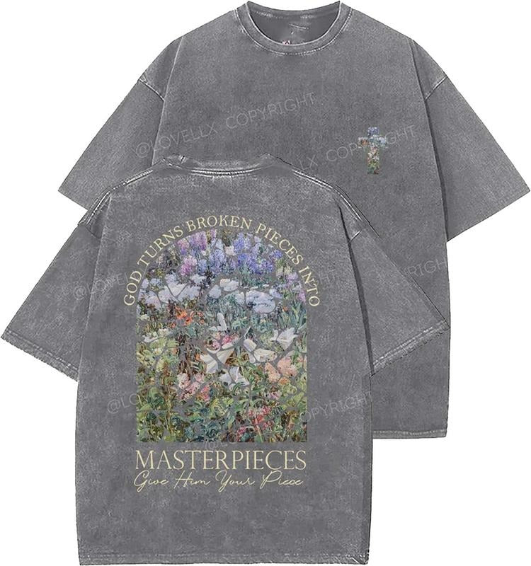 God Turns Broken Pieces Into Unisex Washed T-Shirt, Christian t shirts, Vintage 90s Graphic Tee, Gift Top Womenswear...