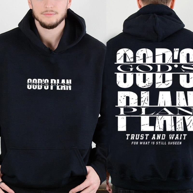 God's Plan & Trust & Wait 2 Sided Graphic Hoodie Casual Street Style Fleece Fabric Pullover Hooded Sweatshirt Trendy Tops...