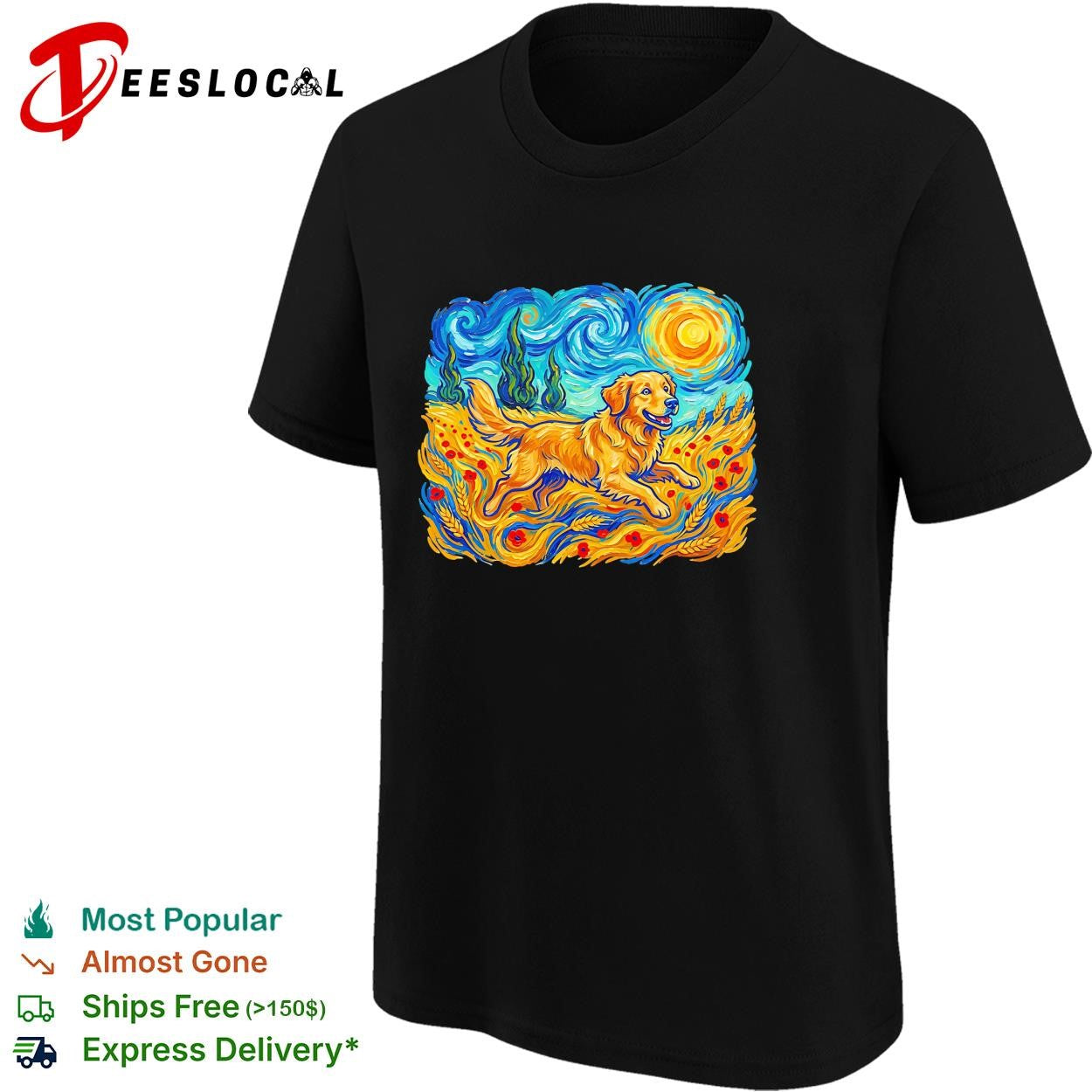 Golden Retriever Van Gogh style starry field shirt
